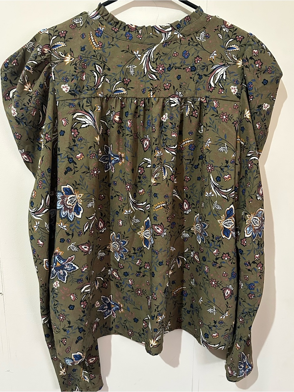 Rachel Zoe Large Olive Floral Boho Peasant Puff Sleeve Button-Front Blouse - Picture 6 of 6